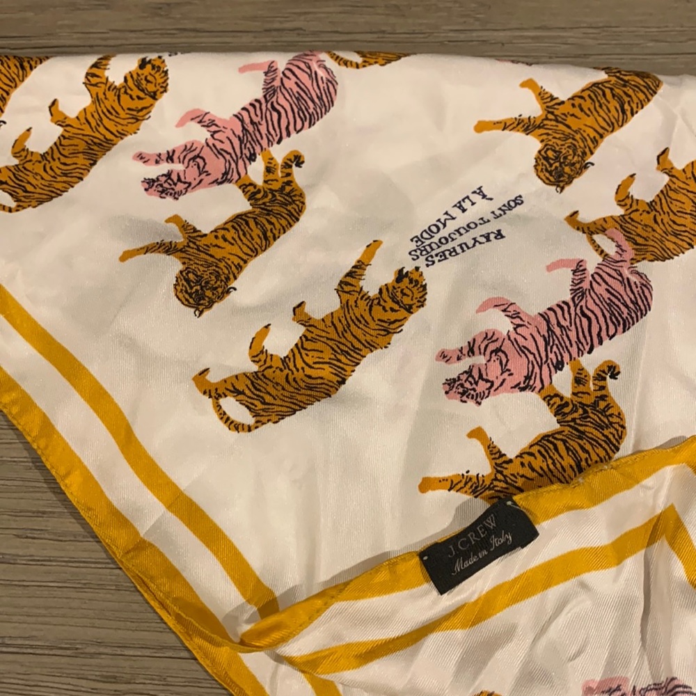 J. Crew White Scarf with Yellow and Pink Tiger Print